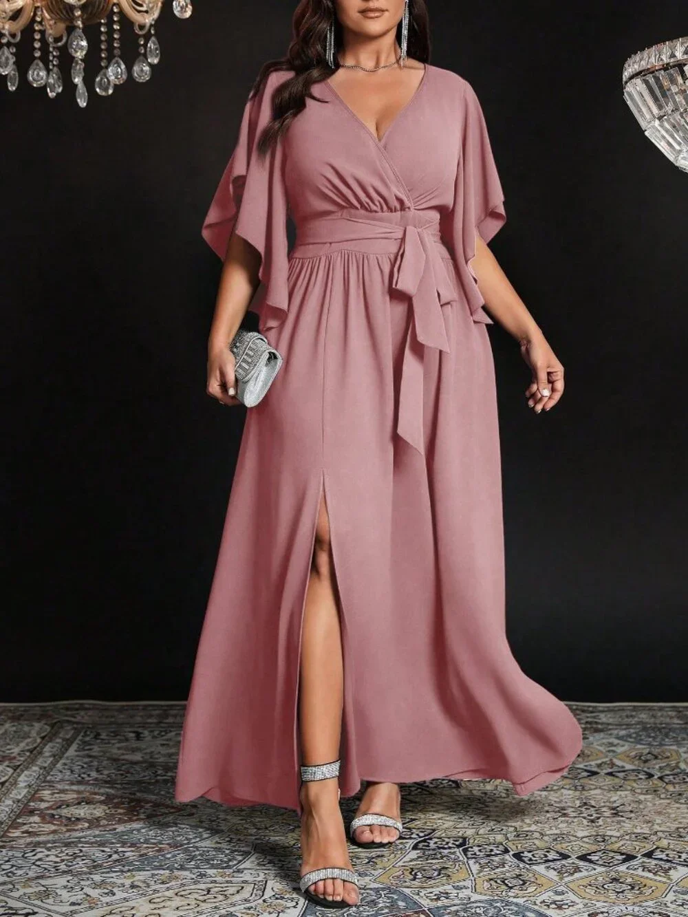 Dusty Pink Elegant Women's Plus Size V Neck Long Party Dress